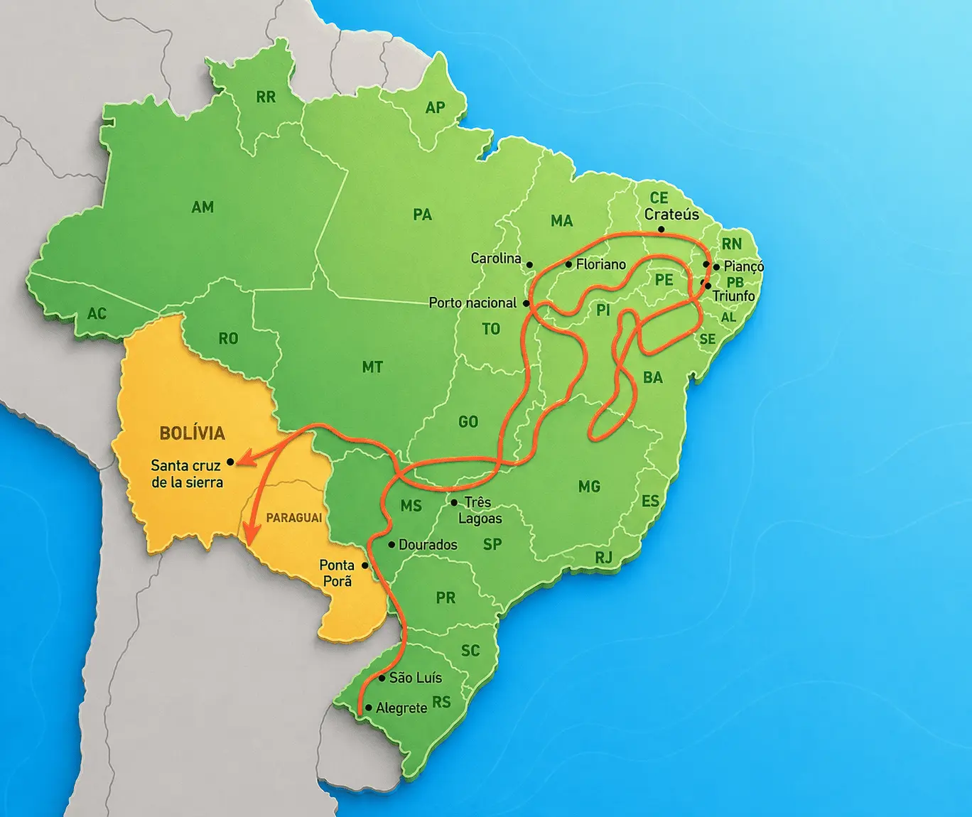 Ilustração da rota da Coluna Prestes pelo Brasil entre 1924 e 1927